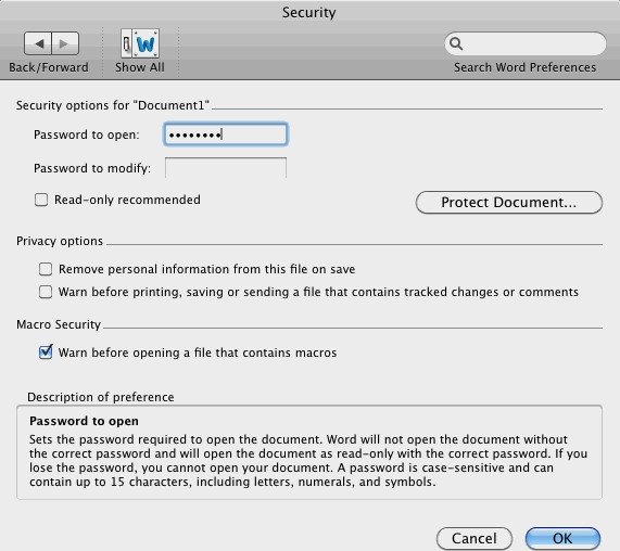 password protect word document mac