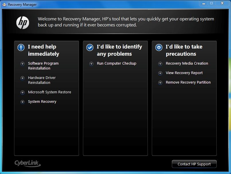 performing system recovery windows 10 hp